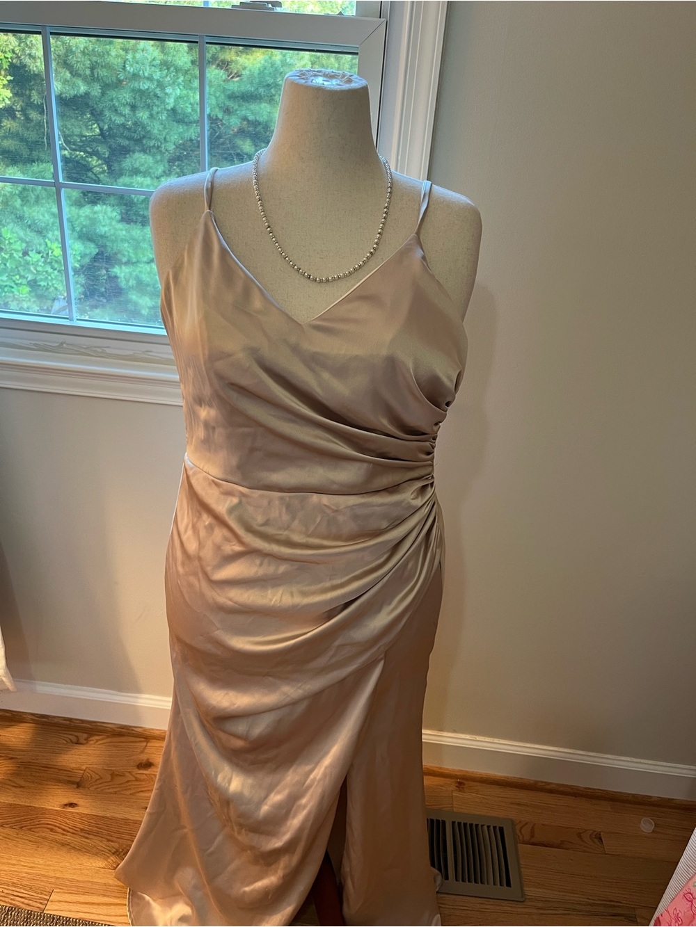 Revelry Champagne Satin Ruched Slip Gown